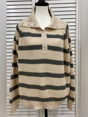RDI  Women’s Chunky Cozy Waffle Knit Striped Sweater XL  Natural Tan & Gray